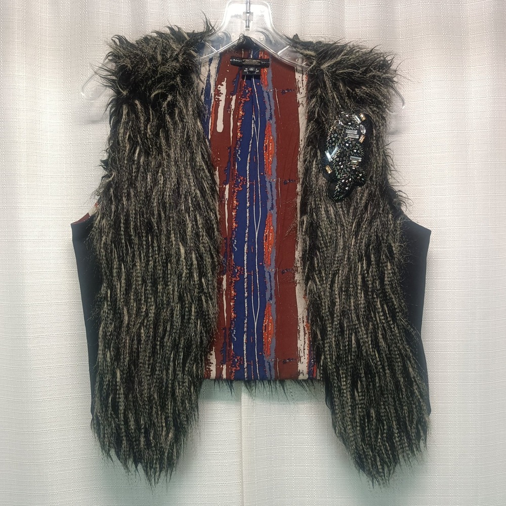 Miss Me Womens L Faux Fur Beaded Sequins Embellished Vest Grey Black Boho Glam